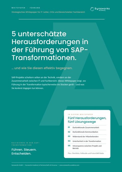 Cover Whitepaper Führung: 5 unterschätzte Herausforderungen in der Führung von SAP-Transformationen